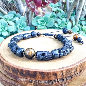 Black Skull Bone Bracelet - Tibetan Rare Skull Bracelet - Buddhist Skull Wirstlet - Hand Carved Skull Amulet Bracelet - Beaded Bracelet Bone