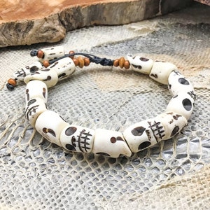 Lucky Skulls Amulet Bracelet - Hand Carved Nepalese Yak Bone Bracelet - Tribal Men Skull Bracelet Natural Skull Wristlet - Rare Skull Beads