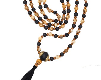 108 Repetición de Mantra Jasper Mala - Cráneo Raro Hueso Auténtico - Cadena Larga Rosario Mala - Talismán Protector - Cráneo Amuleto Mala Piedras Preciosas