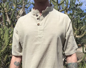 Tribal Man Blouse Ethnic Light Cotton Shirt Kurta Comfortable Boho Hippie Beige Top Chemisette with coconut buttons