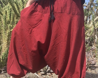 PANTALONI HAREM rossi Pantaloni in cotone intrecciato a mano Aladin Yoga Alibaba Afghani Goa con tasche Pantaloni con cavallo basso Pantaloni tribali di alta qualità