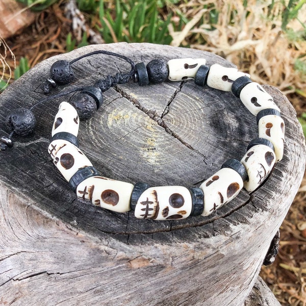 Lucky Skull Bone Amulet Bracelet - Tribal Bone Skulls Bracelet - Natural Yak Bone Skull Bracelet - Buddhist Skull Bracelet