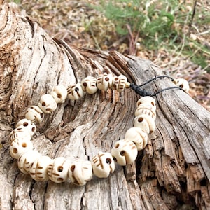 Buddhist Bone Skulls Bracelet - Organic Skull Bracelet - Bone Hand Carved Skulls Bracelet - Tribal Skull Bracelet - Skull Beaded Bracelet