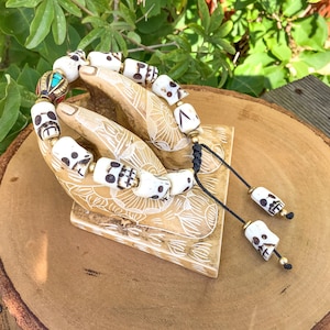 White Skull Bone Bracelet - Tibetan Rare Skull Bracelet - Buddhist Skull Wirstlet - Hand Carved Skull Amulet Bracelet