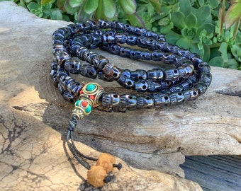 Hand Carved Yak Bone Skull Bracelet - Tibetan Turquoise Inlaid