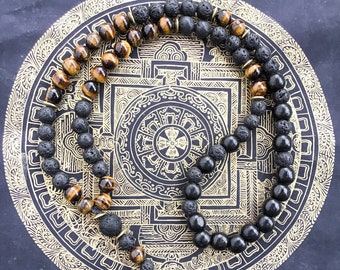 Courage Strength Talisman Necklace Chain - Tiger Eye Man&#39;s Long Necklace - Volcanic Lava Stone Grounding Necklace - Good Luck Beaded Chain