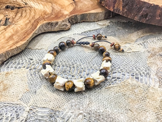 Men's Snake Bone Bracelet – Tiger Eye Beaded Amulet, Macrame