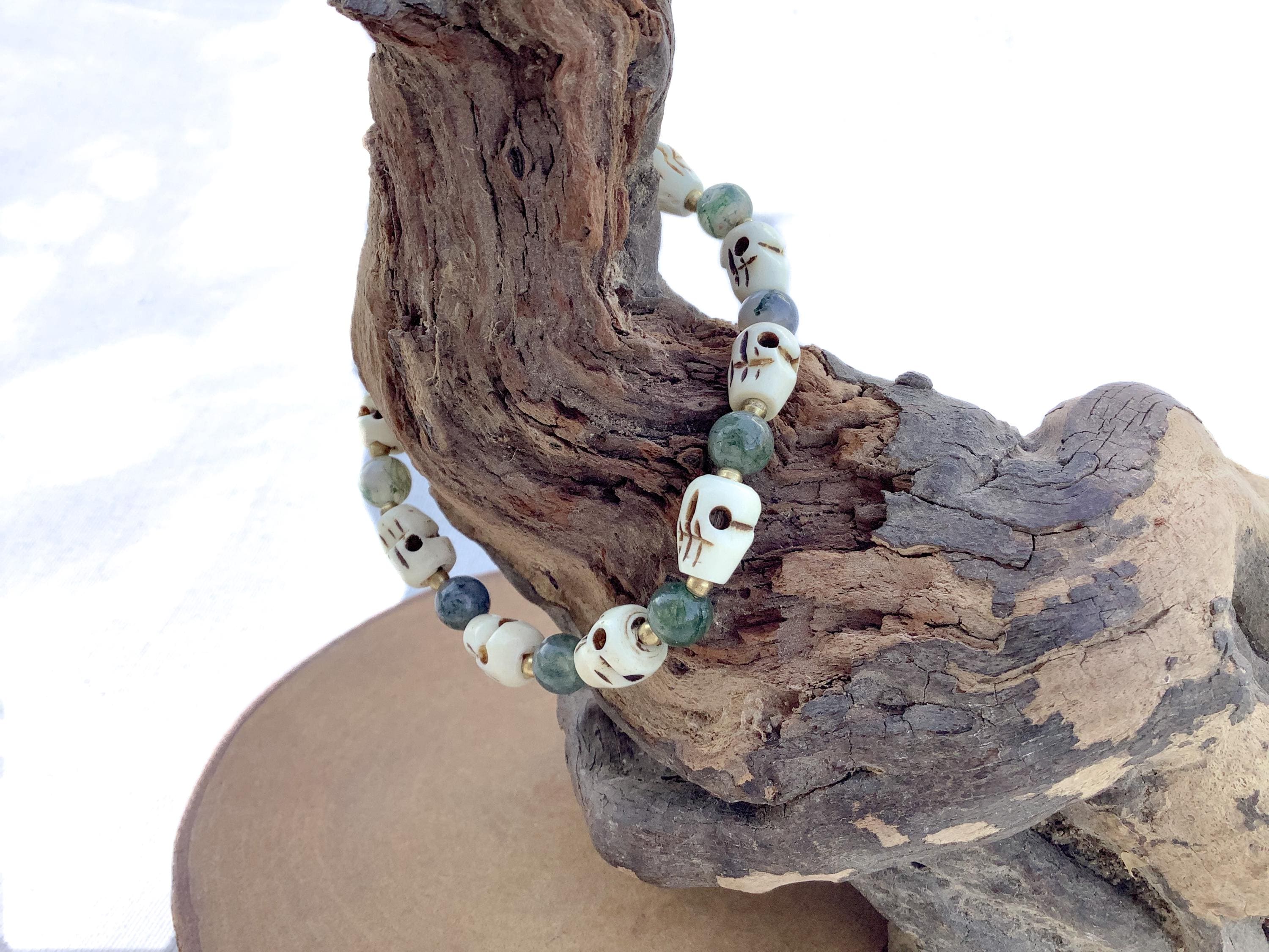 Skull Bracelet, Hand Carved Yak Bone, Green Agate, Boho Jewelry