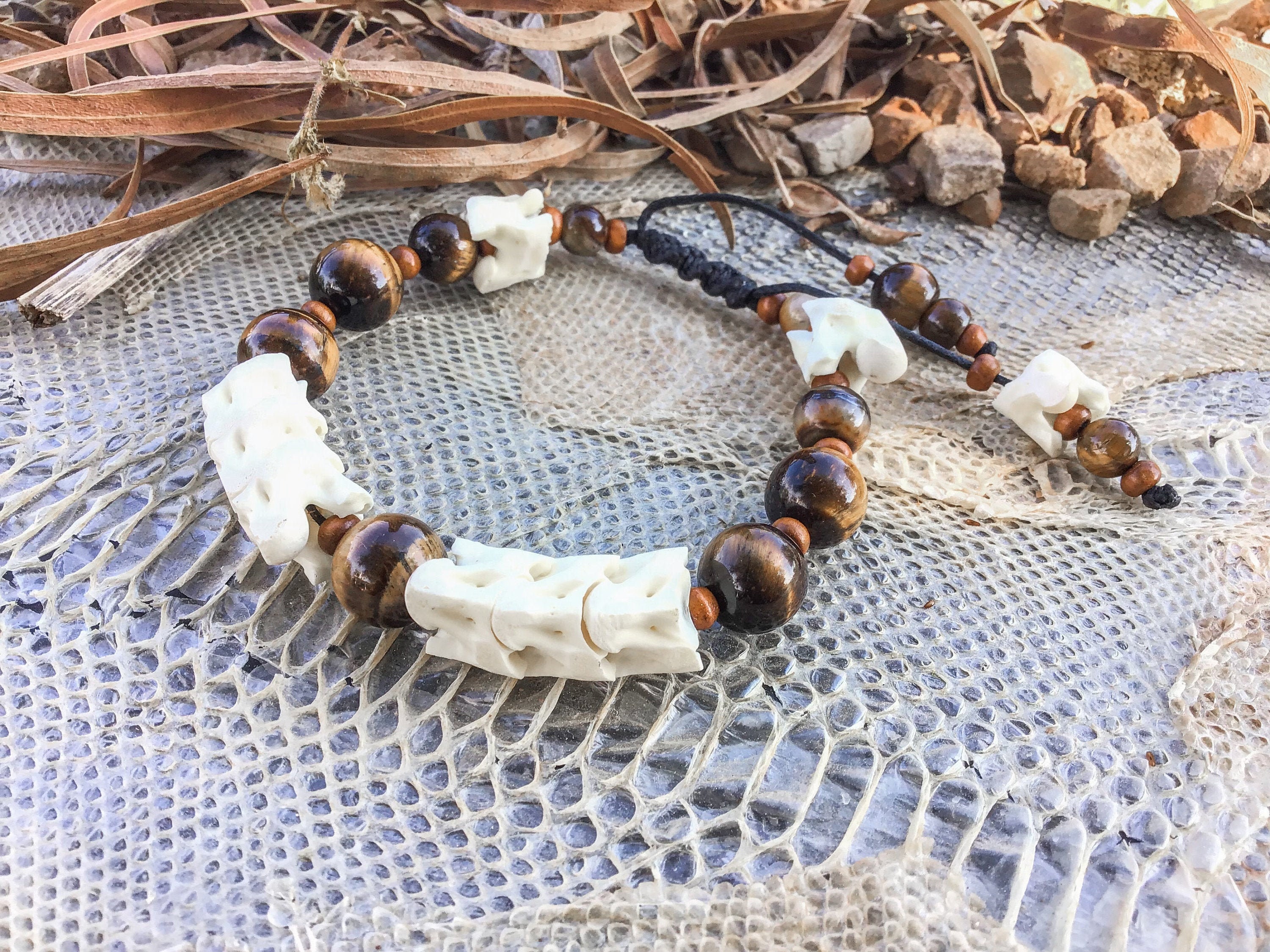 Shamanic Tiger Eye Snake Bone Bracelet – Tribal Protection Amulet