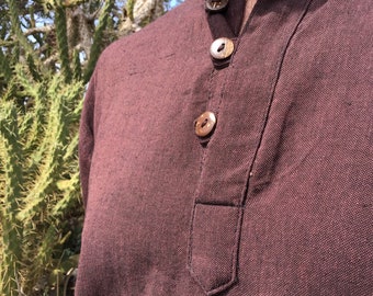 Tribal Man Blouse Ethnic Light Cotton Shirt Kurta Comfortable Boho Hippie Brown Top Chemisette with coconut buttons