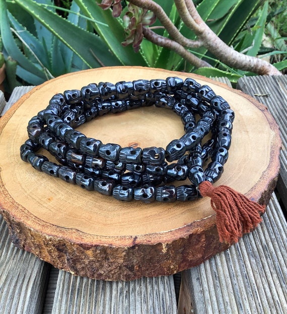 108 Black Baba Mala Skull Prayer Beads, Yak Bone Skull Japa Mala