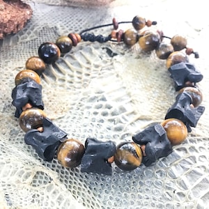 Tribal Black Snake Bone Man Bracelet - Real Snake Bone Bracelet - Tiger Eye Beaded Bracelet - Snake Spine Vertebras Bracelet - Gift for Men
