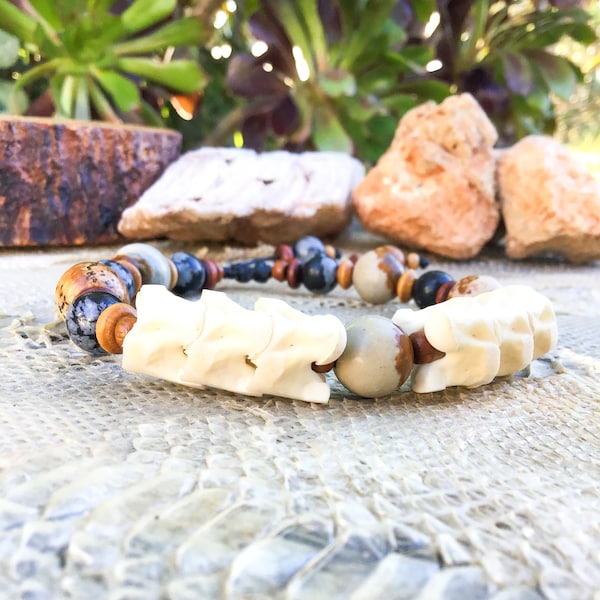 Earth Snake Bone Bracelet - Real Snake Vertebra Bracelet - Protection Bracelet - Picture Jasper and Obsidian Beaded Bracelet -Tribal Jewelry