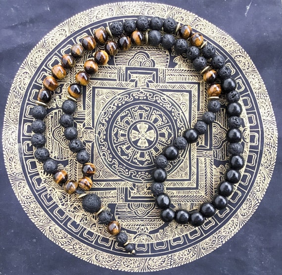 thumbnail image 2 of Natural Gemstone Beaded Necklace – 6/8/10mm Mix Of Lava Stone, Tigers Eye, Onyx – Round Yoga Beads, 18" 2 of 5