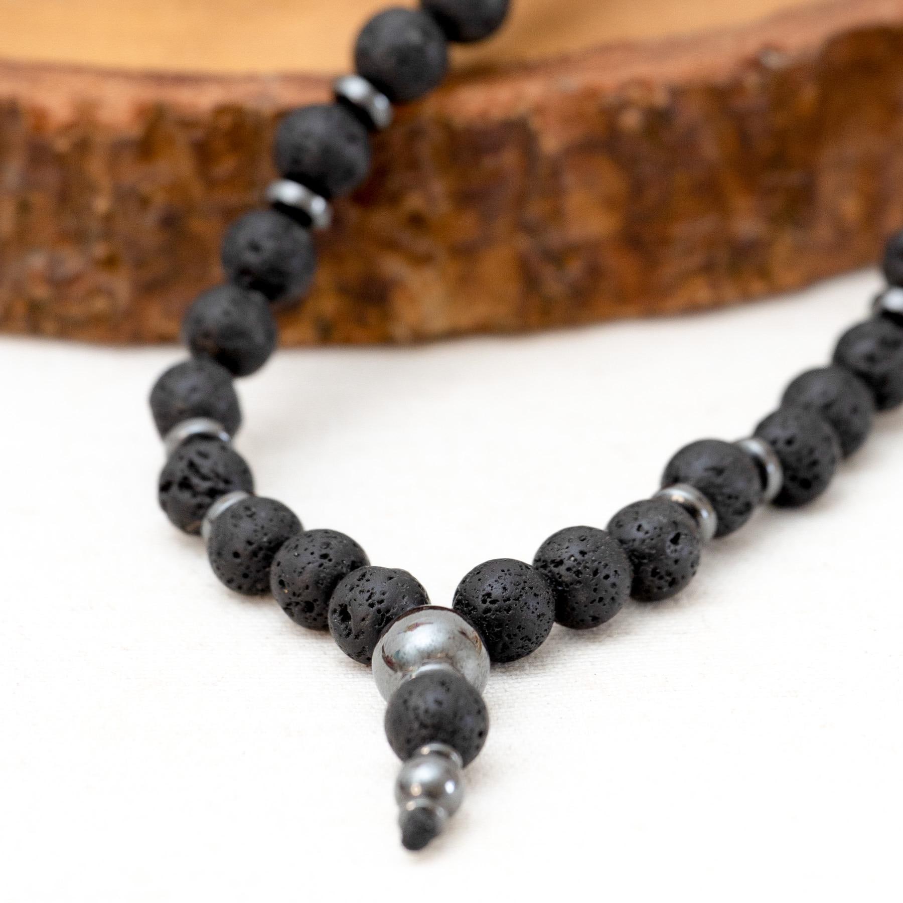 Collier Pierres Naturelles - Hématite & Pierre De Lave | Bijou Chakra Cadeau Homme Femme