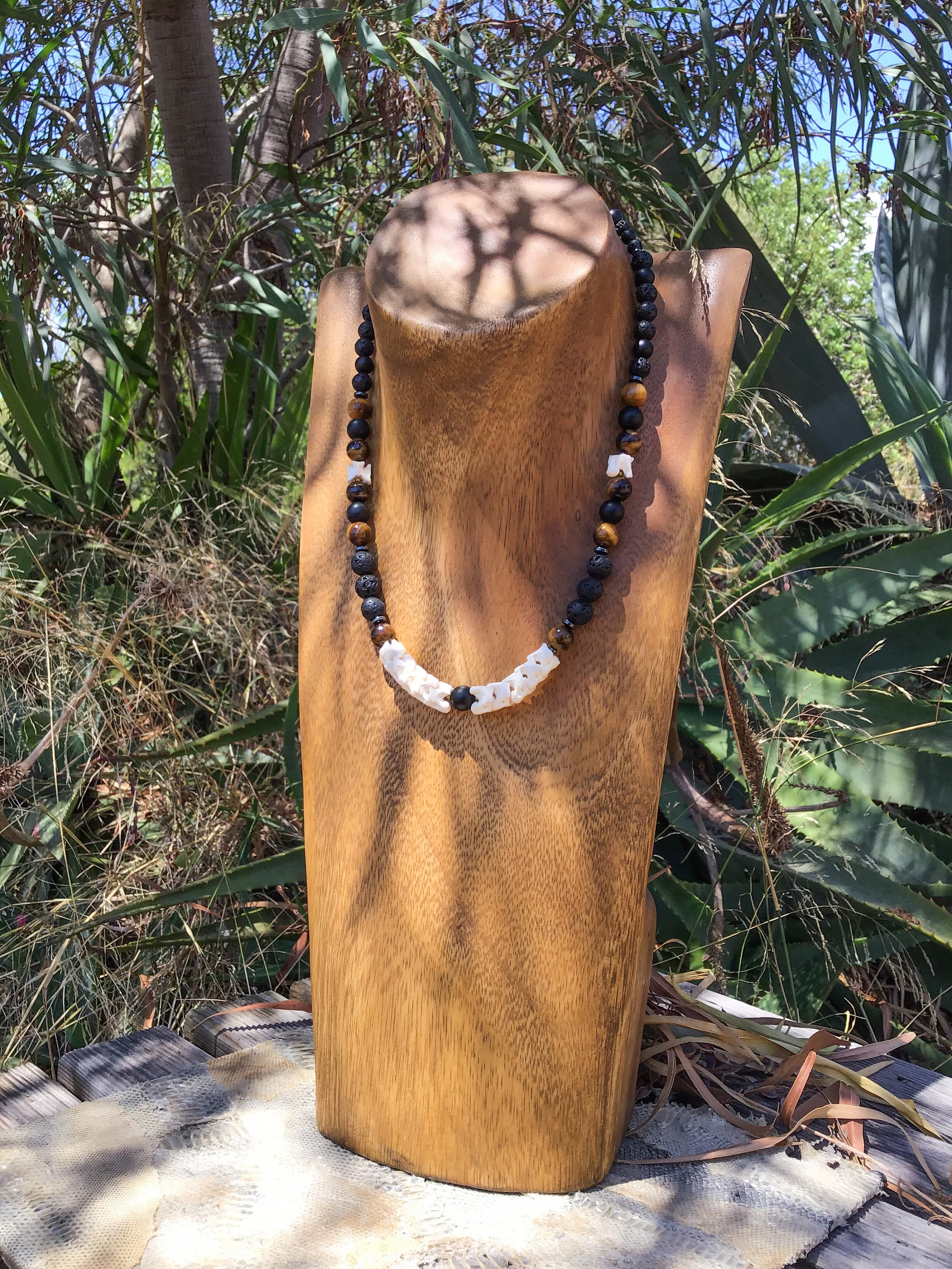Real Snake Bone Vertebrae Necklace - Lava Stone, Tiger Eye