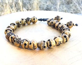 Buddhist Bone Skulls Bracelet - Organic dye Skull Bracelet - Bone Hand Carved Skulls Bracelet - Tribal Skull Bracelet  Skull Beaded Bracelet