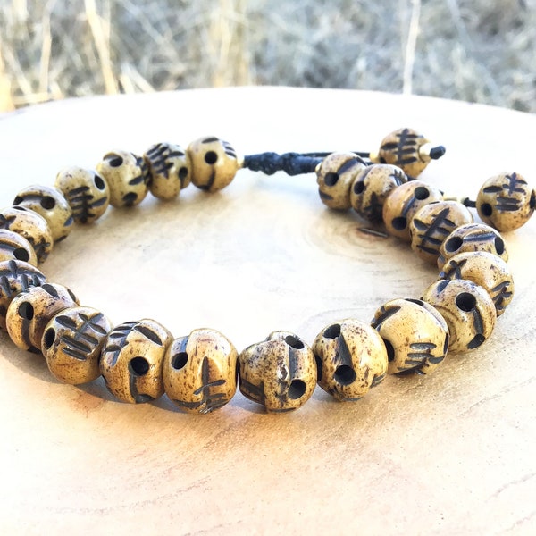 Buddhist Bone Skulls Bracelet - Organic dye Skull Bracelet - Bone Hand Carved Skulls Bracelet - Tribal Skull Bracelet  Skull Beaded Bracelet