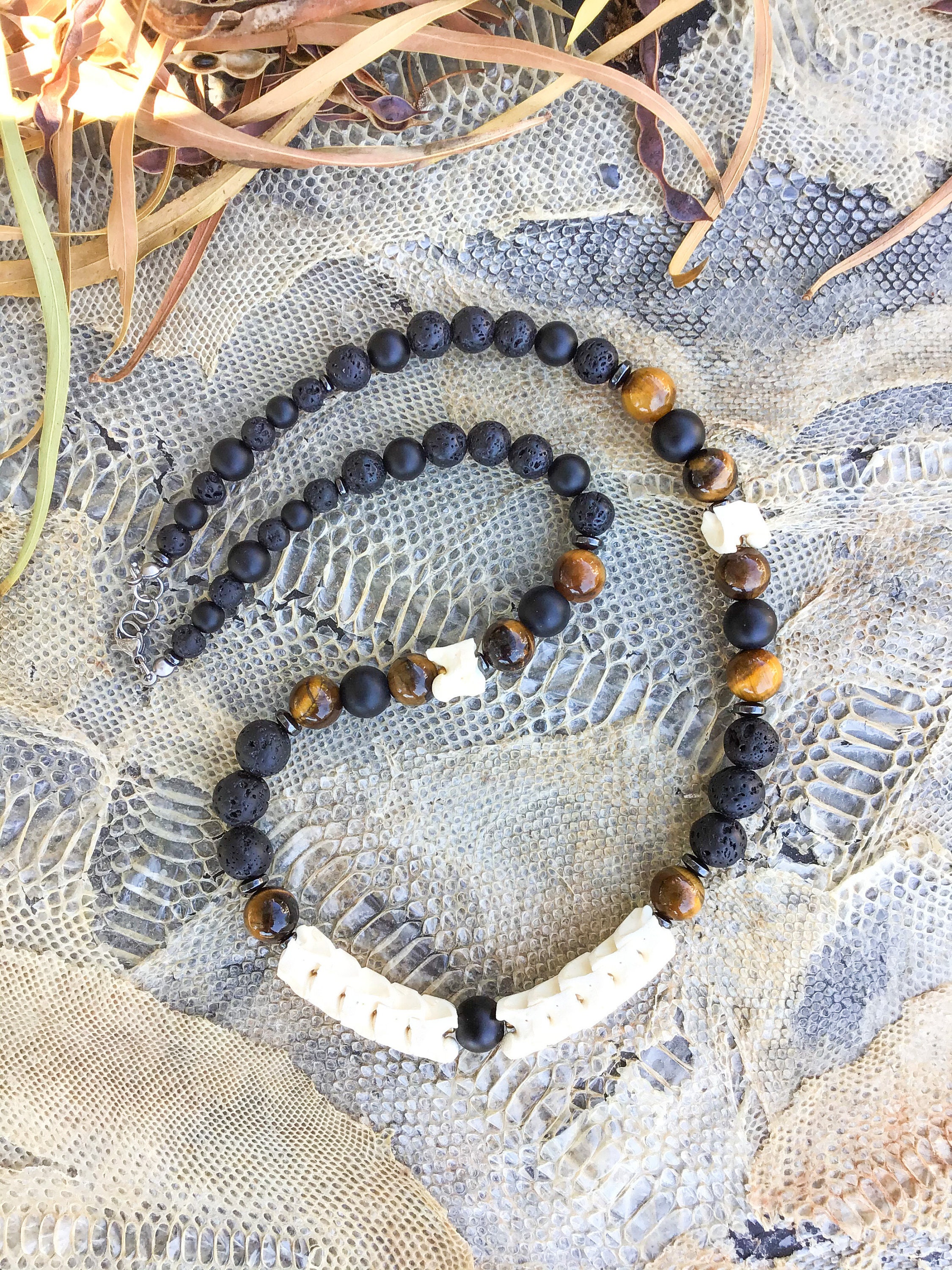 Real Snake Bone Vertebrae Necklace - Lava Stone, Tiger Eye