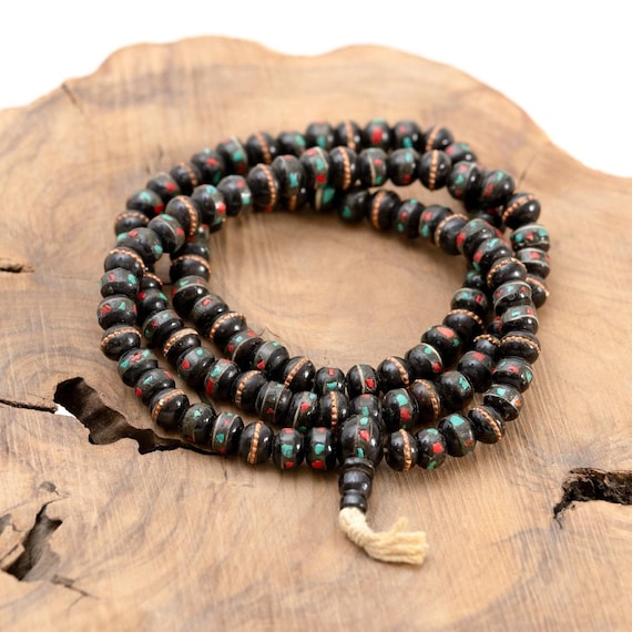 Black 108 Yak Bone Buddhist Mala Beads, Tibetan Inlay Rosary Necklace