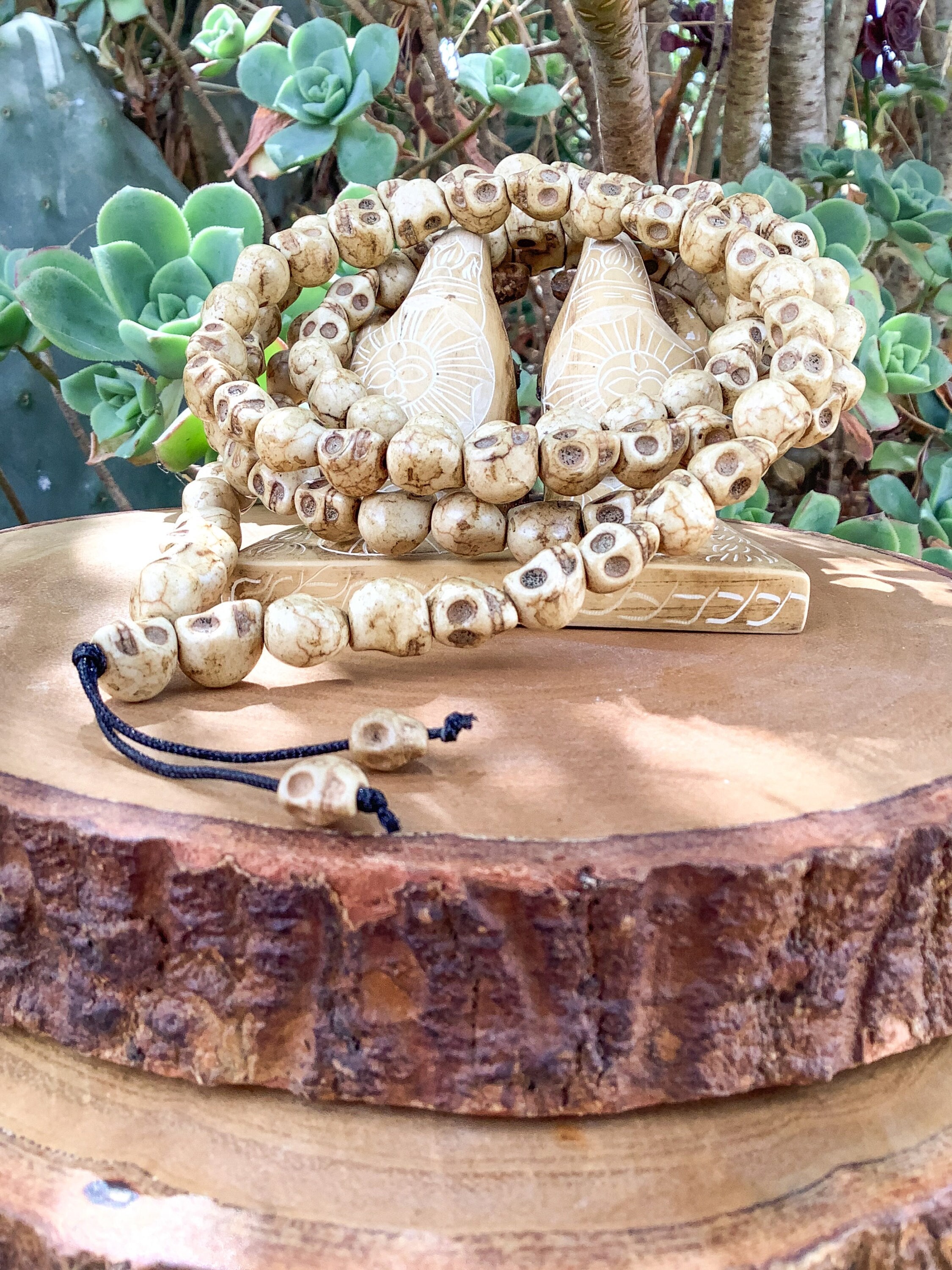 108 Howlite Skull Prayer Beads, Light Beige Skulls Long Necklace, Buddhist Skulls Chain