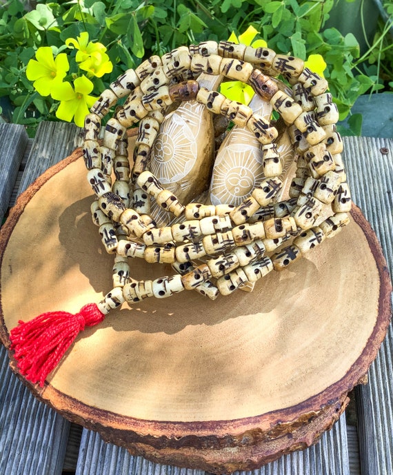 108 Skull Mala Prayer Beads, Natural Dyed Yak Bone Skull Japa Mala