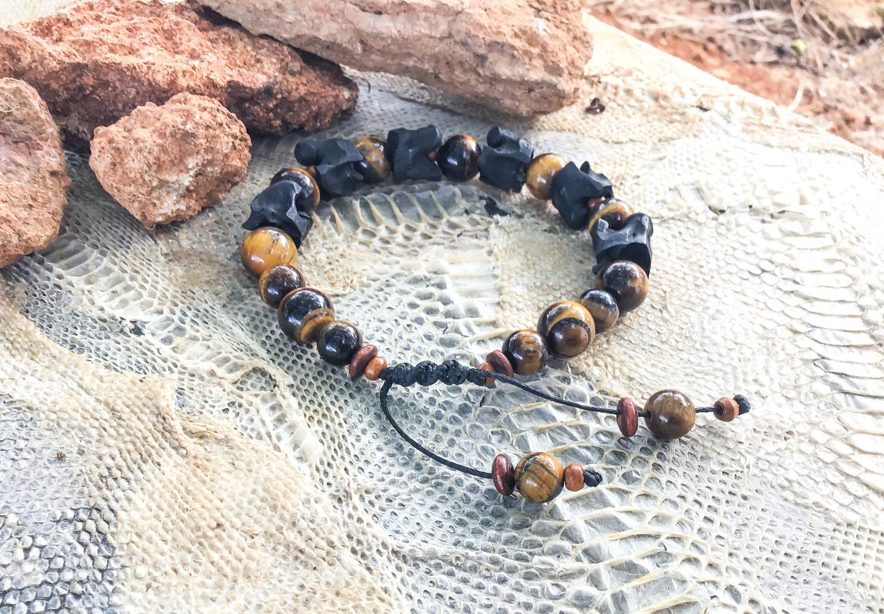 Tribal Snake Bone Bracelet – Tiger Eye Beads, Macrame Closure - Etsy