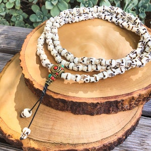 108 KALI MALA Skull Prayer Beads, Inlay Tibetan Skull Japa Mala, Hand Carved Natural Skull Long Necklace, Buddhist Skulls Chain