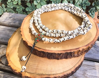 108 KALI MALA Skull Prayer Beads, Inlay Tibetan Skull Japa Mala, Hand Carved Natural Skull Long Necklace, Buddhist Skulls Chain