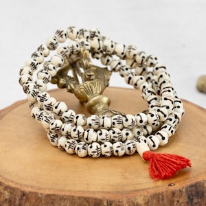 108 Skull Prayer Mala Tassel - Rounded Hand Carved Natural Yak Bone - Japa Mala Genuine Dye Bone Skull - Tassel Long Necklace Chain