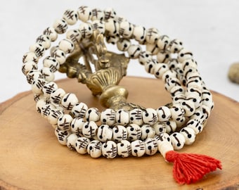 108 Skull Prayer Mala Tassel - Rounded Hand Carved Natural Yak Bone - Japa Mala Genuine Dye Bone Skull - Tassel Long Necklace Chain