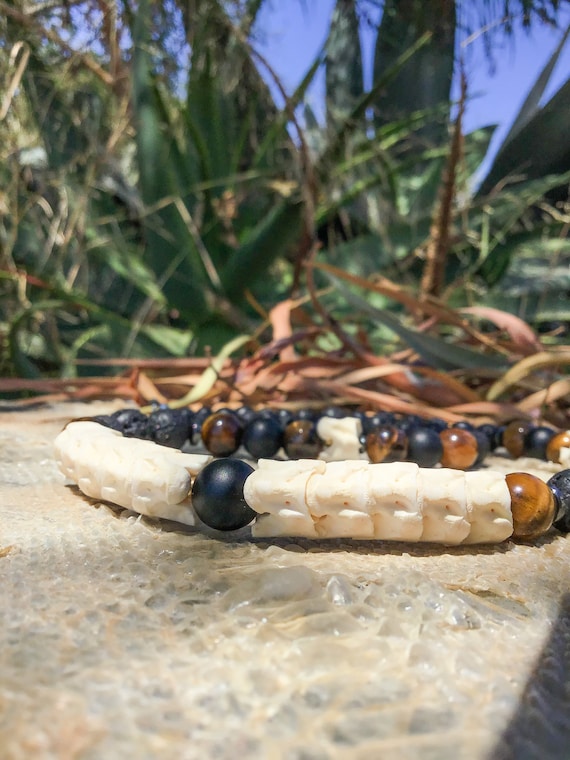 Real Snake Bone Vertebrae Necklace - Lava Stone, Tiger Eye