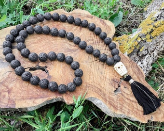 Black Baba Skull Mala Beads -Black Tassel Long Man's Necklace - Lava Stone Meditation Mala - Collana Uomo Teschio Osso - Natural Jewelry