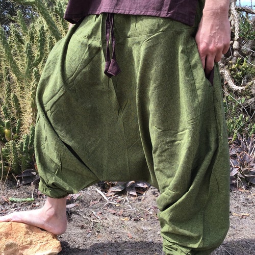 Pantalones de harén tribales verdes, pantalones de yoga Aladín de algodón tejidos a mano