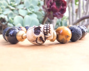 Carved Bone Skull Bracelet - Lava Stone & Tiger Eye Beads - Etsy