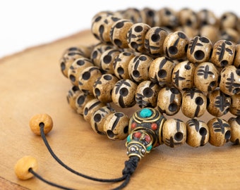 108 KALI MALA BROWN Skull Prayer Beads, Inlay Tibetan Guru Skull Japa Mala, Hand Carved Natural Round Skull Long Necklace, Buddhist Chain