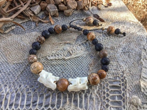 Snake Bone Vertebrae Bracelet – Landscape Jasper Lava Stone Amulet