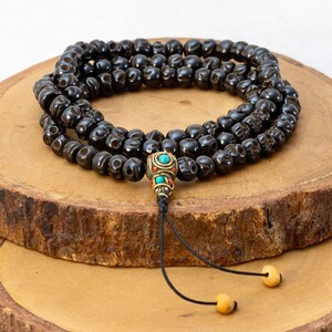 108 Black Baba Mala Skull Prayer Beads, Inlay Tibetan Round Skull Japa Mala, Hand Carved Natural Skull Long Necklace, Buddhist Skulls Chain