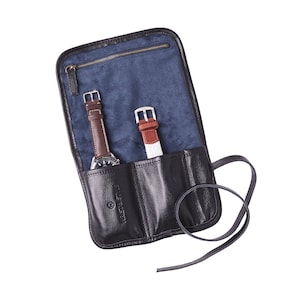 W&s Watch Roll - Black Leather | Blue Canvas - 2 Slot