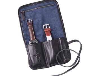 W&s Watch Roll - Black Leather | Blue Canvas - 2 Slot