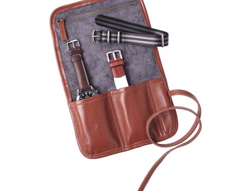 W&s Watch Roll - Brown Leather | Grey Wool - 2 Slot