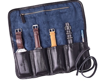 W&s Watch Roll - Black Leather | Blue Canvas - 4 Slot