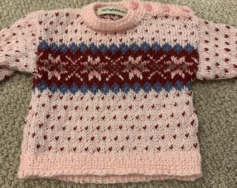 Snowflakes Sweater - Fair Isle Multicolor Round Yoke Sweater - Handmade Pullover - Pink Sweater - Baby Sweater