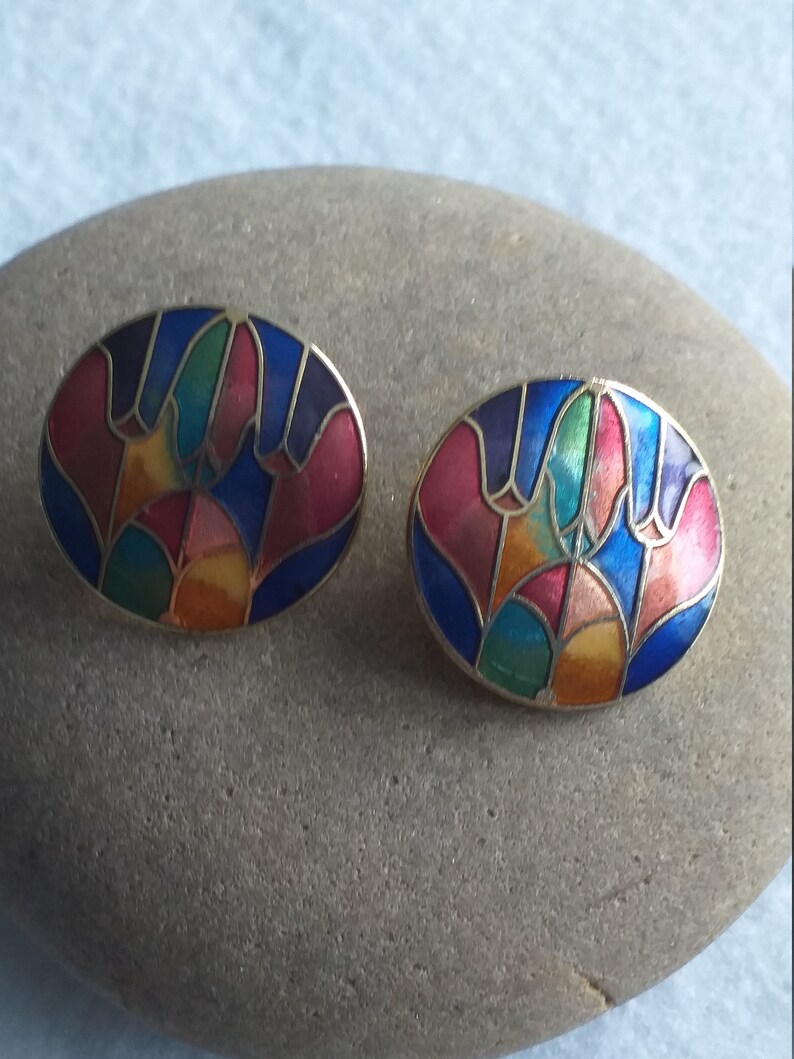 Vintage Enamel Cloisonne Abstract Stud Earrings Jewellery Jewelry Tulip Flower