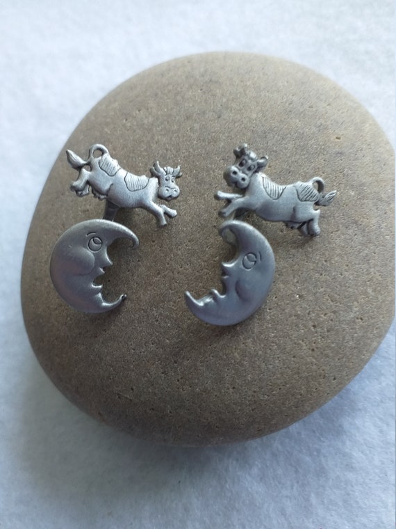 Vintage JJ Jonette Cow Jumps Over The Moon Stud E… - image 1