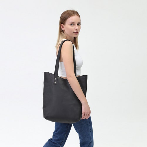 Leather Tote Bag Shopper Bag Shoulder Bag Black Leather - Etsy