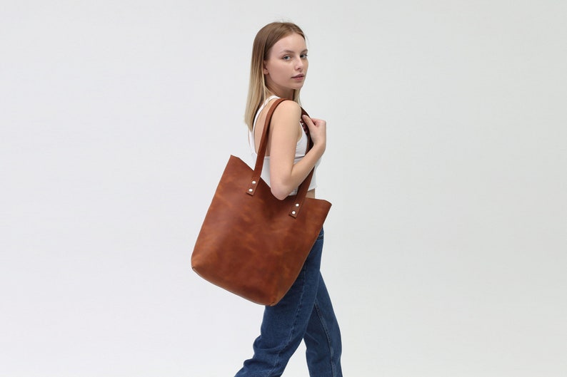 Women Leather Tote Bag, Large Leather Shopper Bag, Shoulder Women Leather Bag, Brown Leather Handbag Tote, Monogram Women Leather Bag image 1