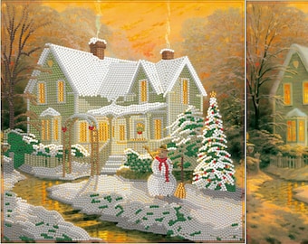 Thomas Kinkade SNOWY Cottage Crystal Art DIY picture kit ready to hang once complete, by Craft Buddy, 30 x 30 cm like Diamond Painting