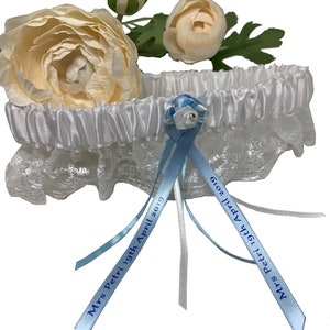 Wedding Bridal Garter with Personalised ribbon, Satin & Lace can be Customised for Something Blue, or a Keepsake Lingerie gift, image 1