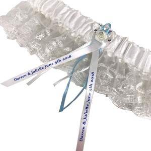 Wedding Bridal Garter with Personalised ribbon, Satin & Lace can be Customised for Something Blue, or a Keepsake Lingerie gift, image 2